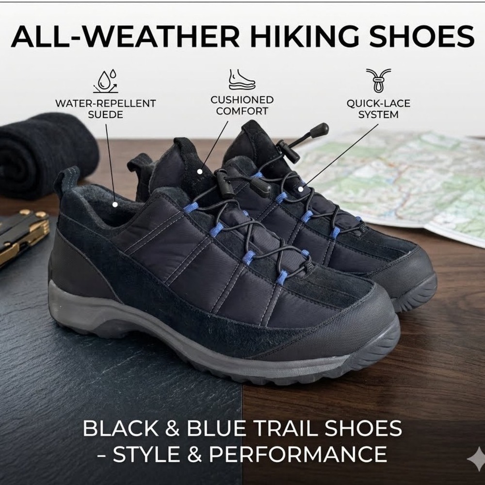 NWOT Lands End Mens All Weather Hiking Shoes Black Blue Suede Waterproof 12D